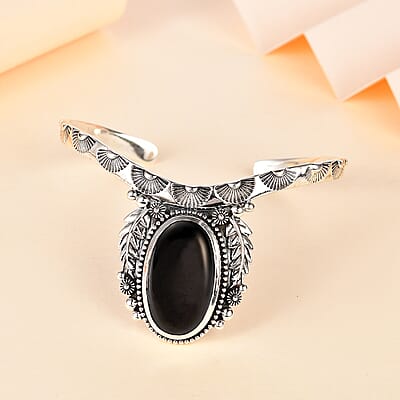 Artisan Crafted Elite Shungite South West Style Feather Cuff Bracelet in Sterling Silver (7.25 In) 11.50 ctw