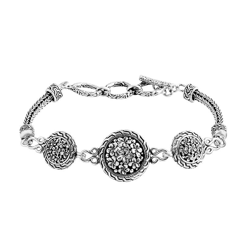 Bali Legacy Frangipani Flower Bracelet in Sterling Silver (6.50-8.0In) 20.25 Grams
