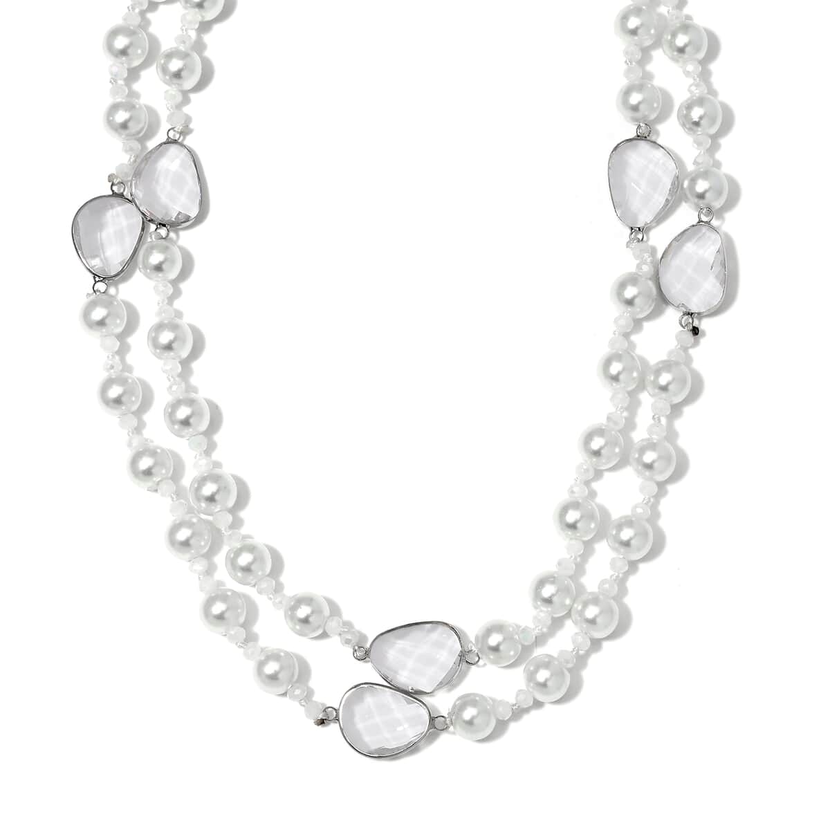 White Pearl Glass, White Glass Necklace in Silvertone 41 Inches image number 0