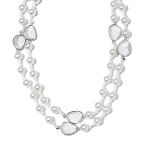 White Pearl Glass, White Glass Necklace in Silvertone 41 Inches