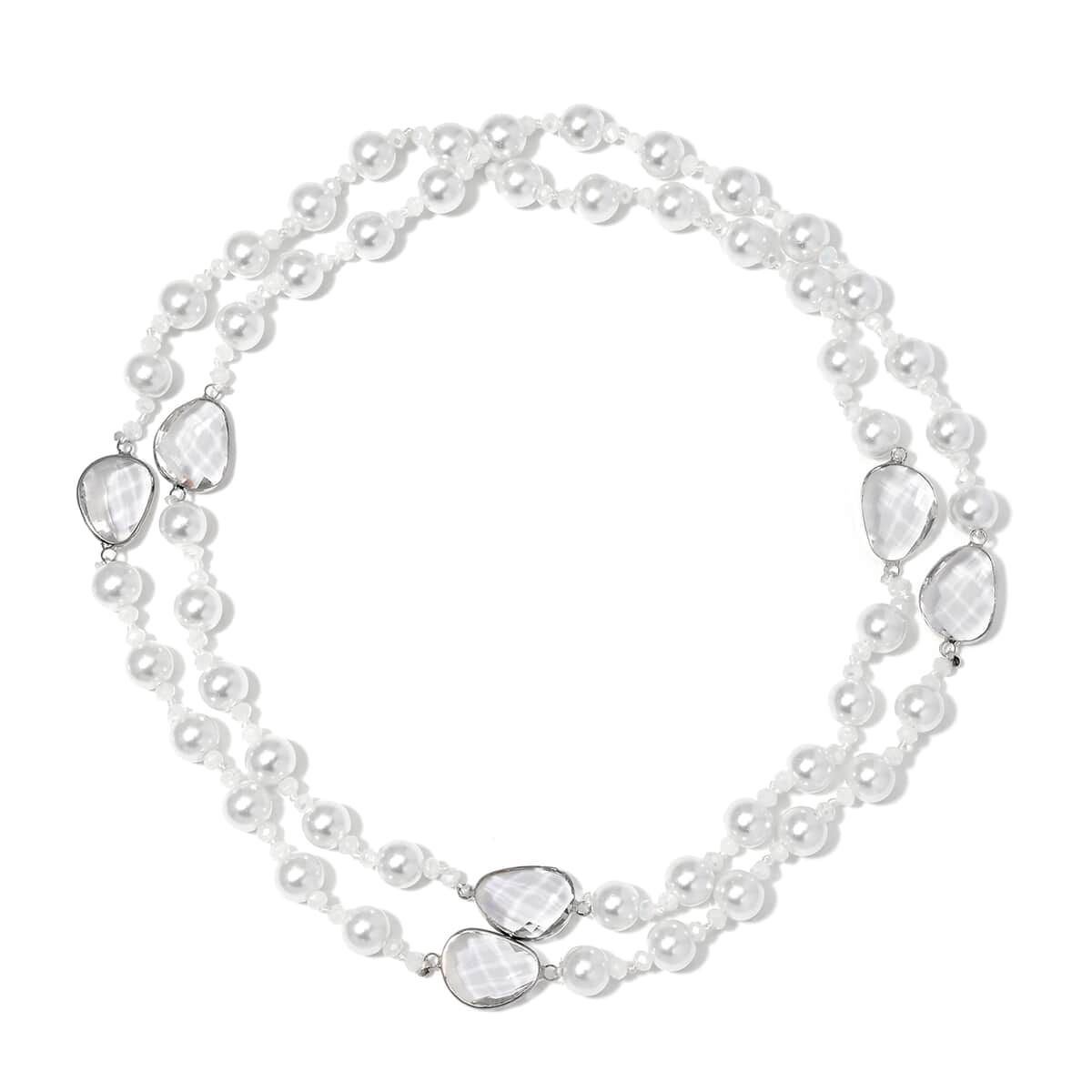 White Pearl Glass, White Glass Necklace in Silvertone 41 Inches image number 2