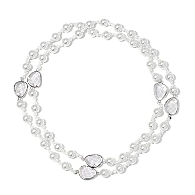 White Pearl Glass, White Glass Necklace in Silvertone 41 Inches