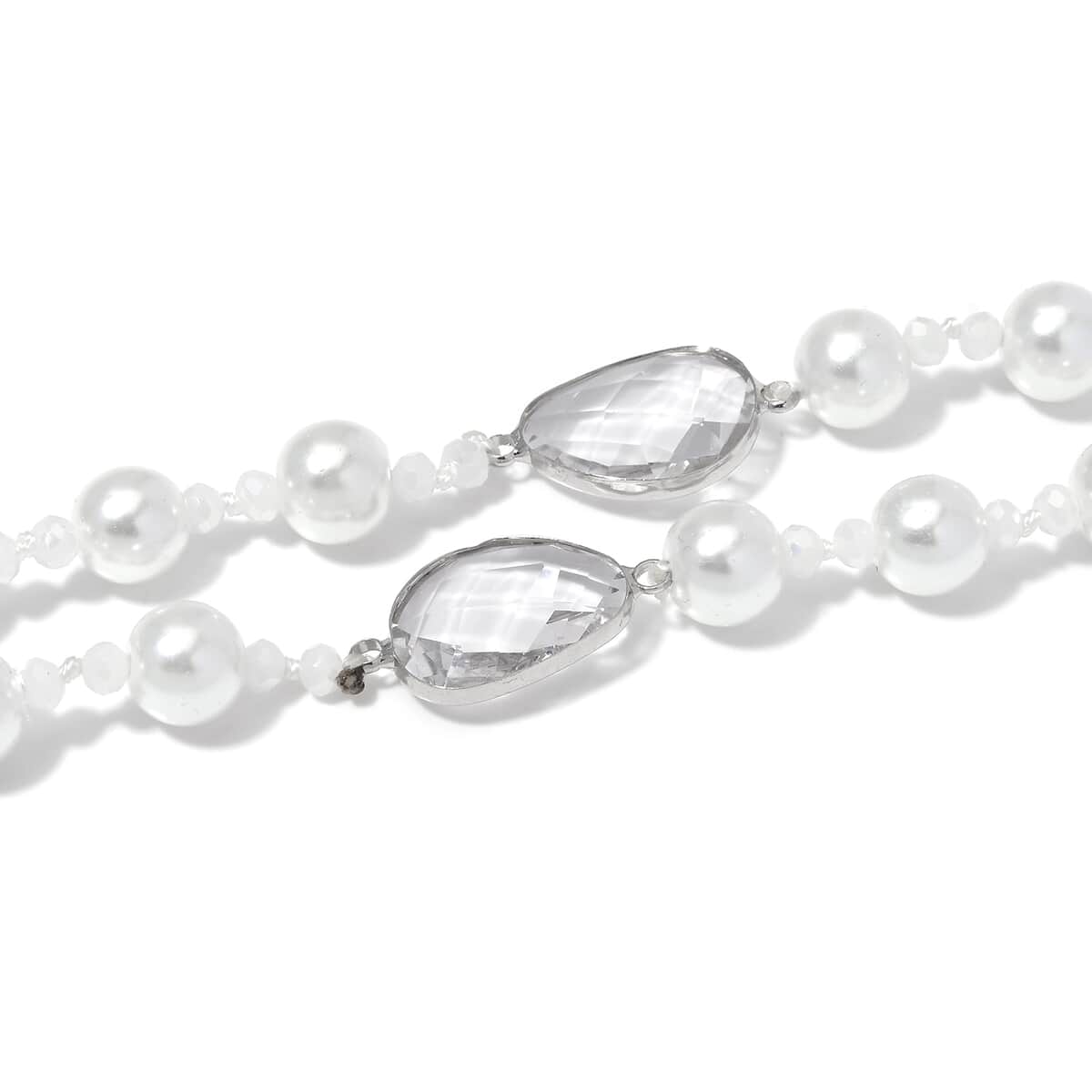 White Pearl Glass, White Glass Necklace in Silvertone 41 Inches image number 3