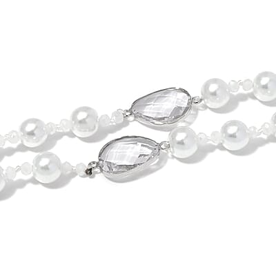 White Pearl Glass, White Glass Necklace in Silvertone 41 Inches
