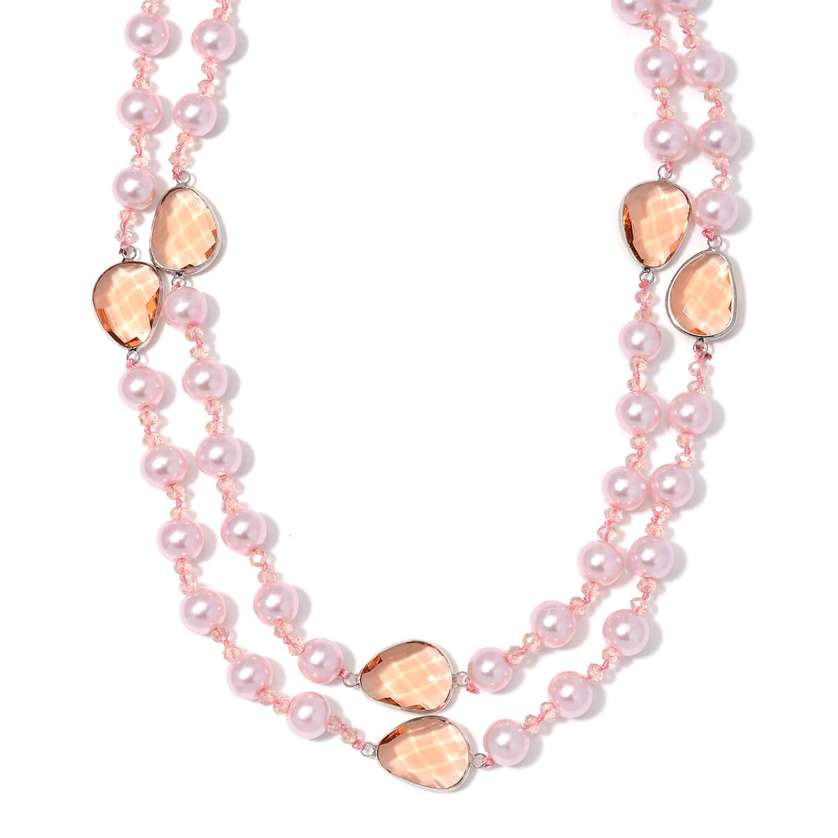 Pink Pearl Glass and Pink Glass Necklace in Silvertone 41 Inches image number 2