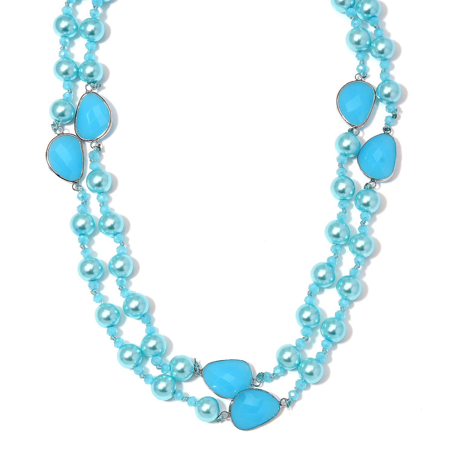 Blue Pearl Glass and Blue Glass Necklace in Silvertone 41 Inches