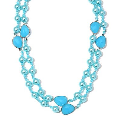 Blue Pearl Glass and Blue Glass Necklace in Silvertone 41 Inches