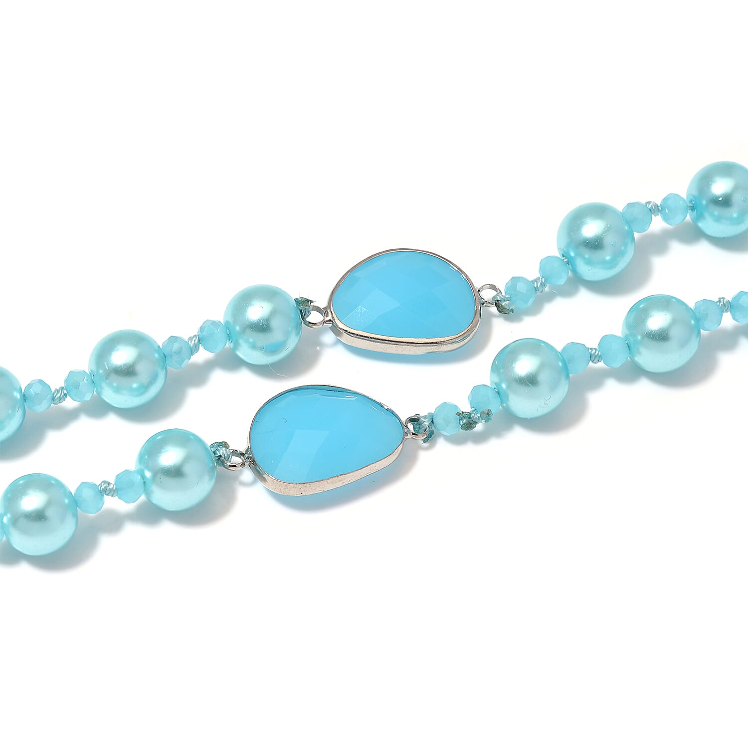 Blue Pearl Glass and Blue Glass Necklace in Silvertone 41 Inches