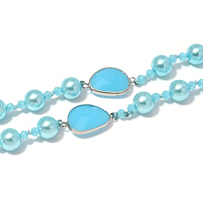 Blue Pearl Glass and Blue Glass Necklace in Silvertone 41 Inches