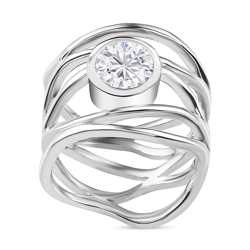 Moissanite (Rnd 7mm) Multi Shank Ring in Platinum Over Sterling Silver (Size 10.0) 1.20 ctw