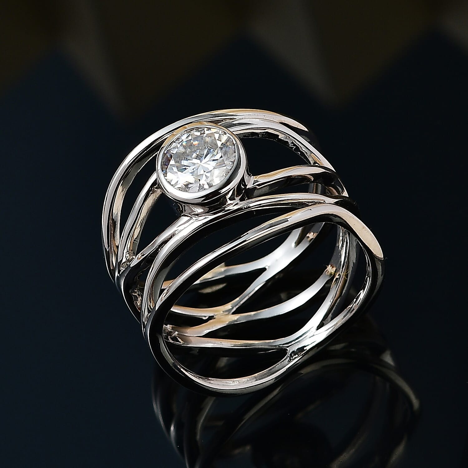 Moissanite (Rnd 7mm) Multi Shank Ring in Platinum Over Sterling Silver (Size 10.0) 1.20 ctw