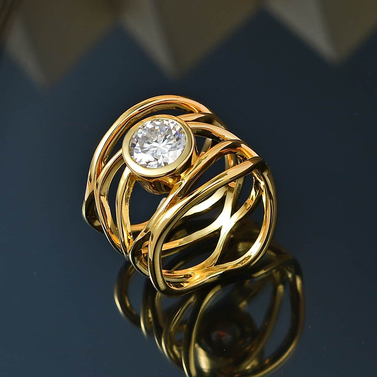 Moissanite Multi Shank Ring in Vermeil Yellow Gold Over Sterling Silver (Size 6.0) 1.20 ctw image number 2