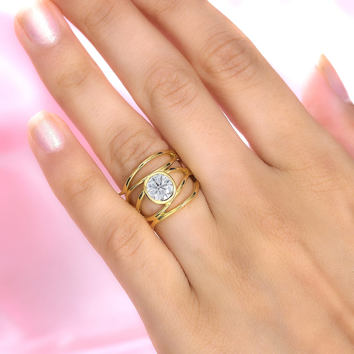 Moissanite (Rnd 7mm) Multi Shank Ring in Platinum Over Sterling Silver (Size 10.0) 1.20 ctw image number 3