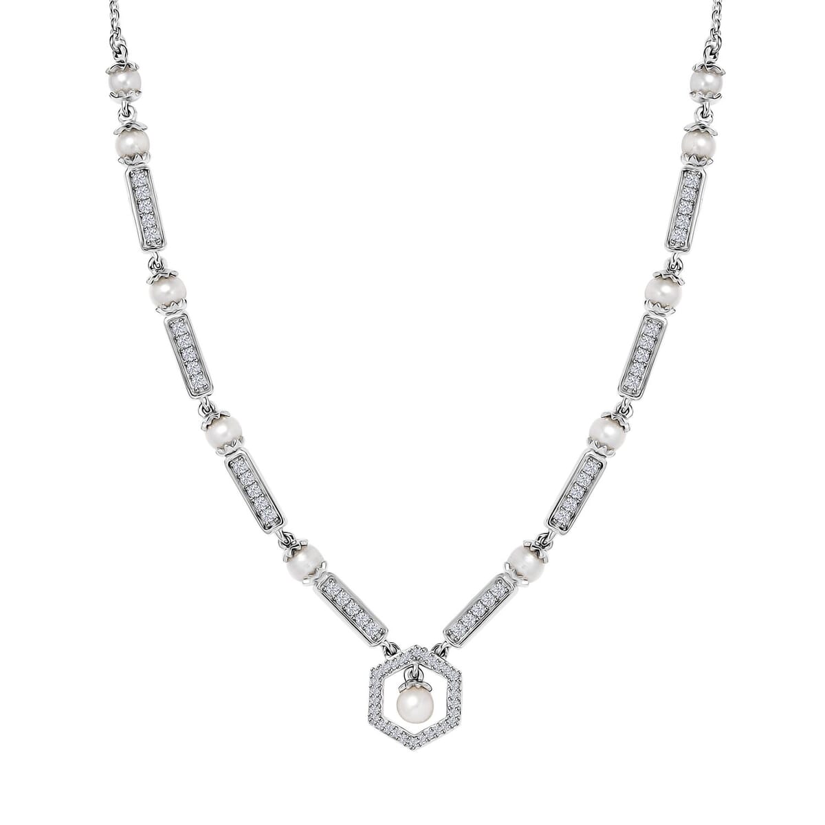 Fresh Water Pearl and Moissanite 0.90 ctw Necklace in Platinum Over Sterling Silver 18 Inches image number 0