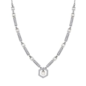 Fresh Water Pearl and Moissanite 0.90 ctw Necklace in Platinum Over Sterling Silver 18 Inches
