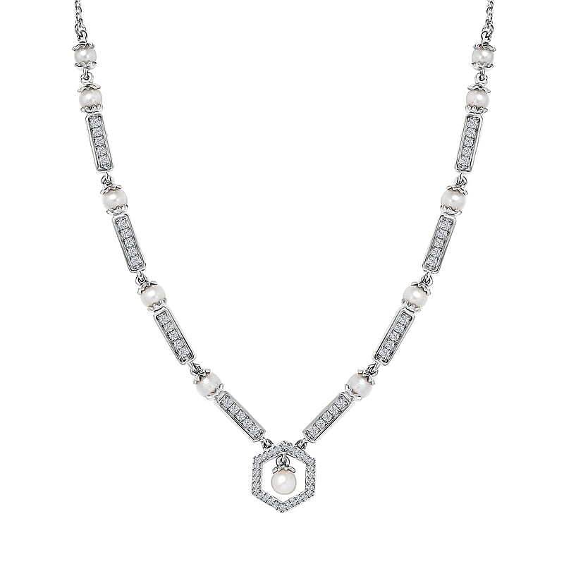 Fresh Water Pearl and Moissanite 0.90 ctw Necklace in Platinum Over Sterling Silver 18 Inches