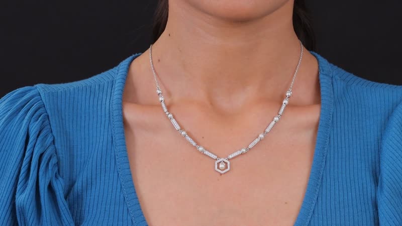 Fresh Water Pearl, Moissanite Necklace (18 Inches) in Platinum Over Sterling Silver 0.90 ctw