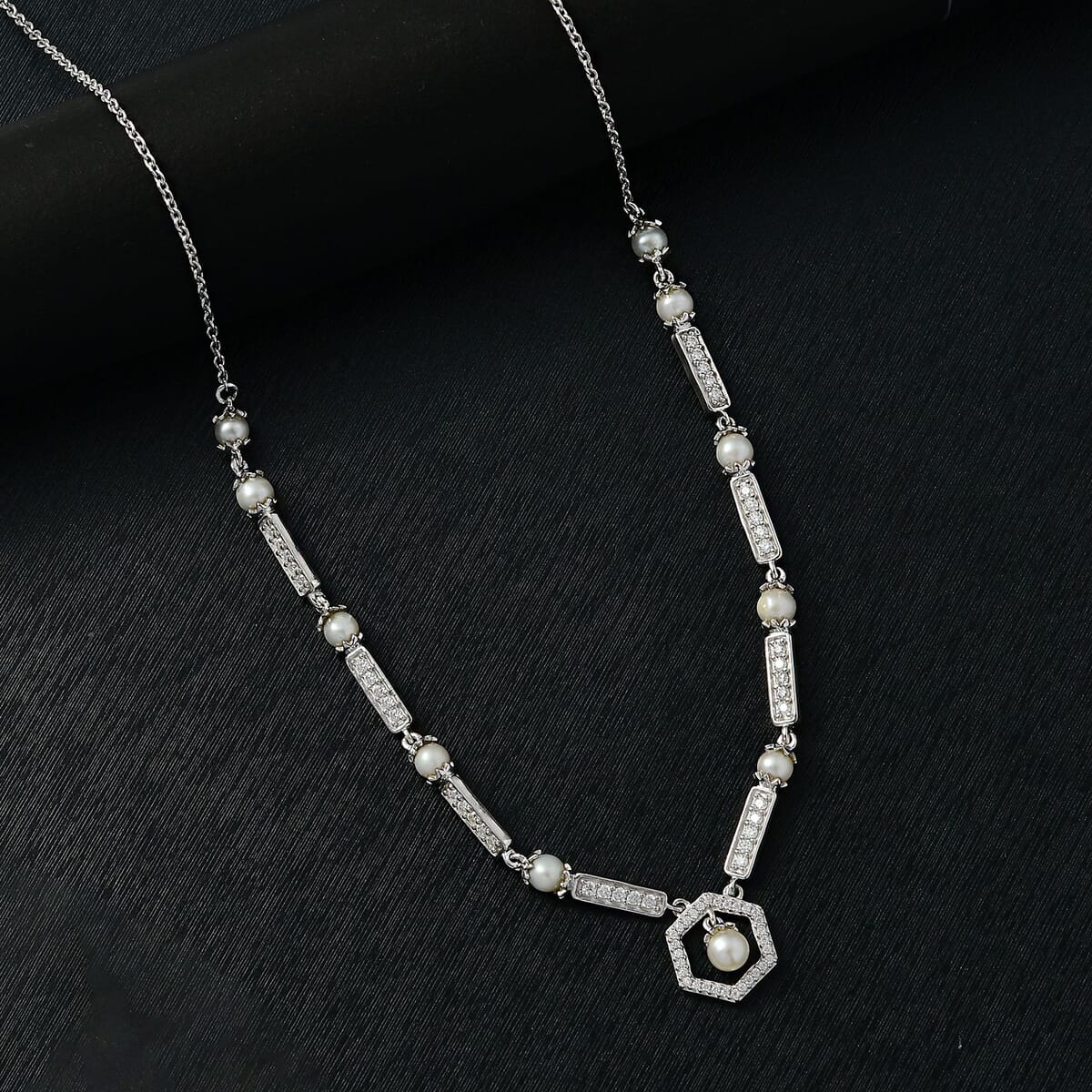Fresh Water Pearl and Moissanite 0.90 ctw Necklace in Platinum Over Sterling Silver 18 Inches image number 1