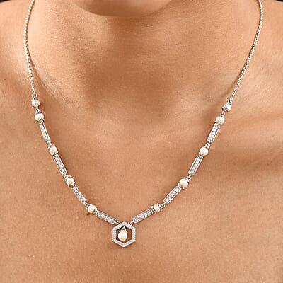 Fresh Water Pearl and Moissanite 0.90 ctw Necklace in Platinum Over Sterling Silver 18 Inches