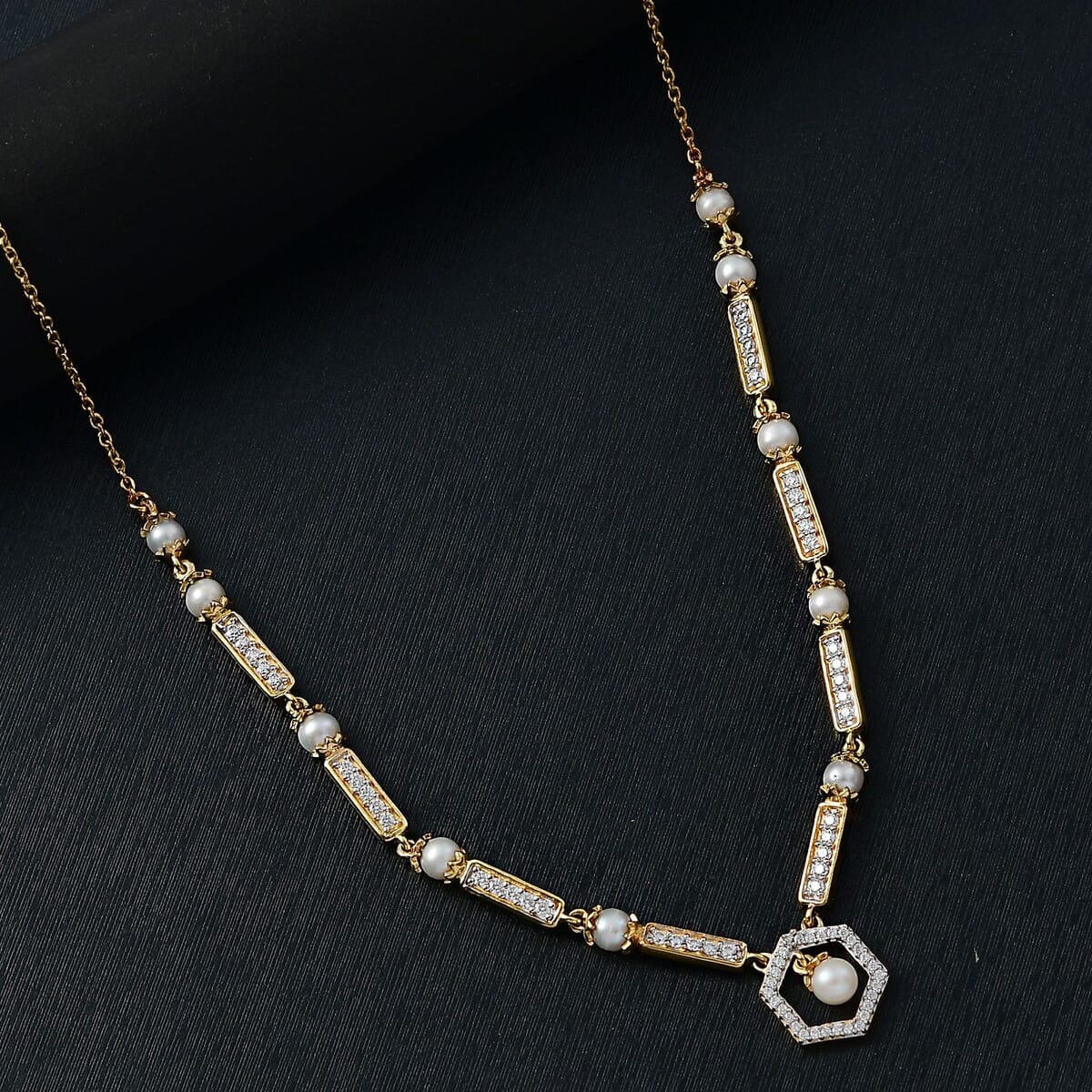 Fresh Water Pearl and Moissanite 0.90 ctw Necklace in Vermeil Yellow Gold Over Sterling Silver 18 Inches image number 1