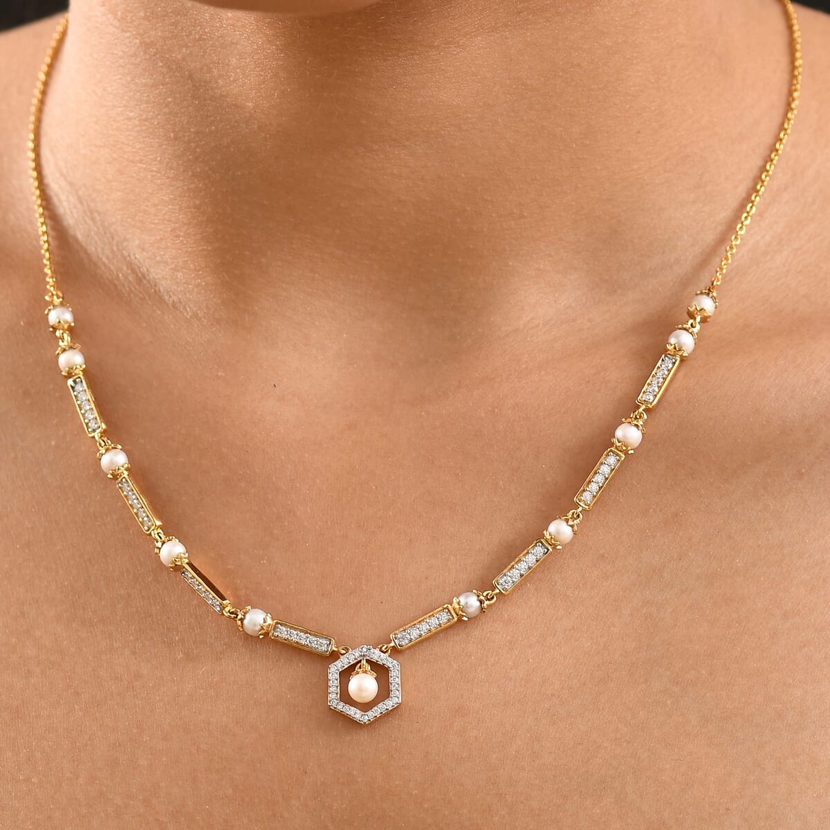 Fresh Water Pearl and Moissanite 0.90 ctw Necklace in Vermeil Yellow Gold Over Sterling Silver 18 Inches image number 2
