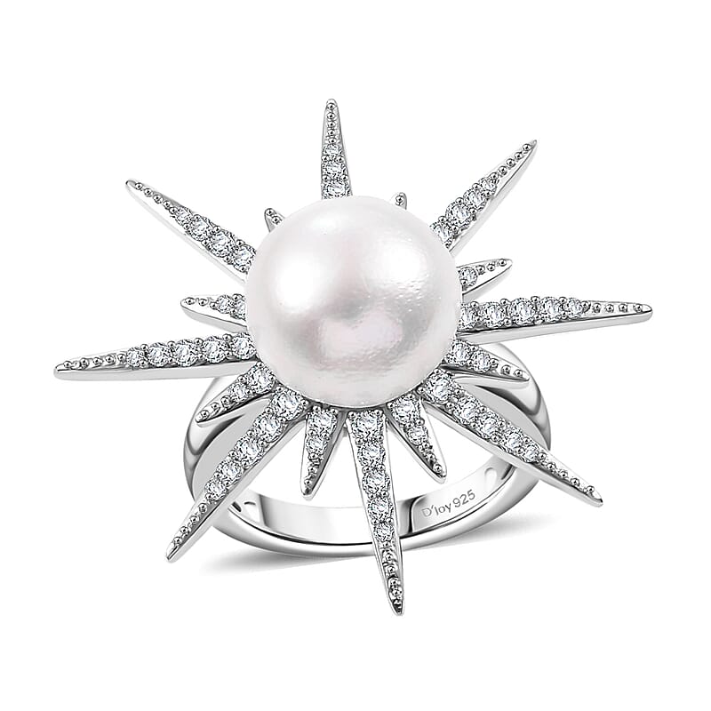 D'Joy Freshwater Pearl and Moissanite 0.75 ctw Ring in Platinum Over Sterling Silver (Size 6.0)