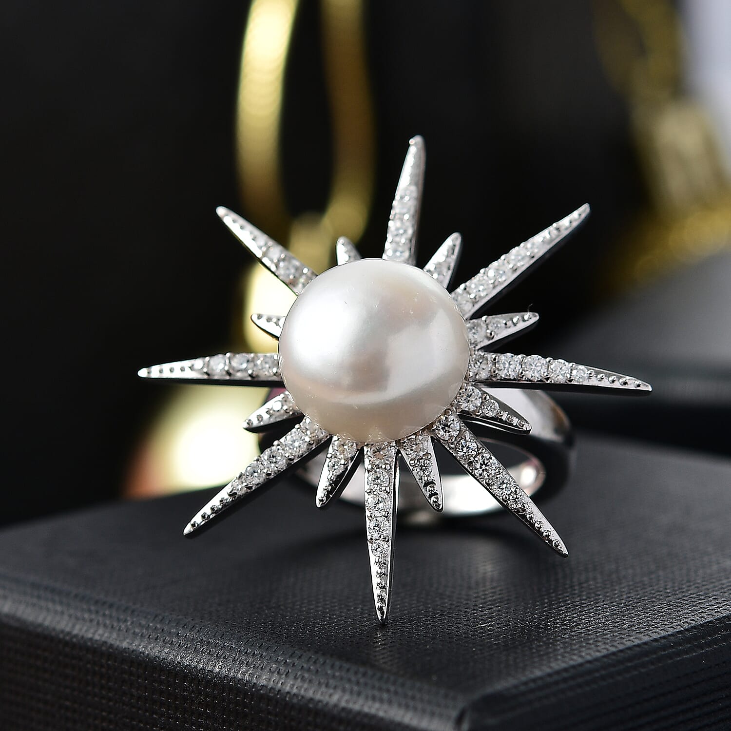 D'Joy Freshwater Pearl and Moissanite 0.75 ctw Ring in Platinum Over Sterling Silver (Size 6.0)