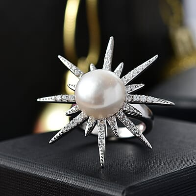 D'Joy Freshwater Pearl and Moissanite 0.75 ctw Ring in Platinum Over Sterling Silver (Size 6.0)