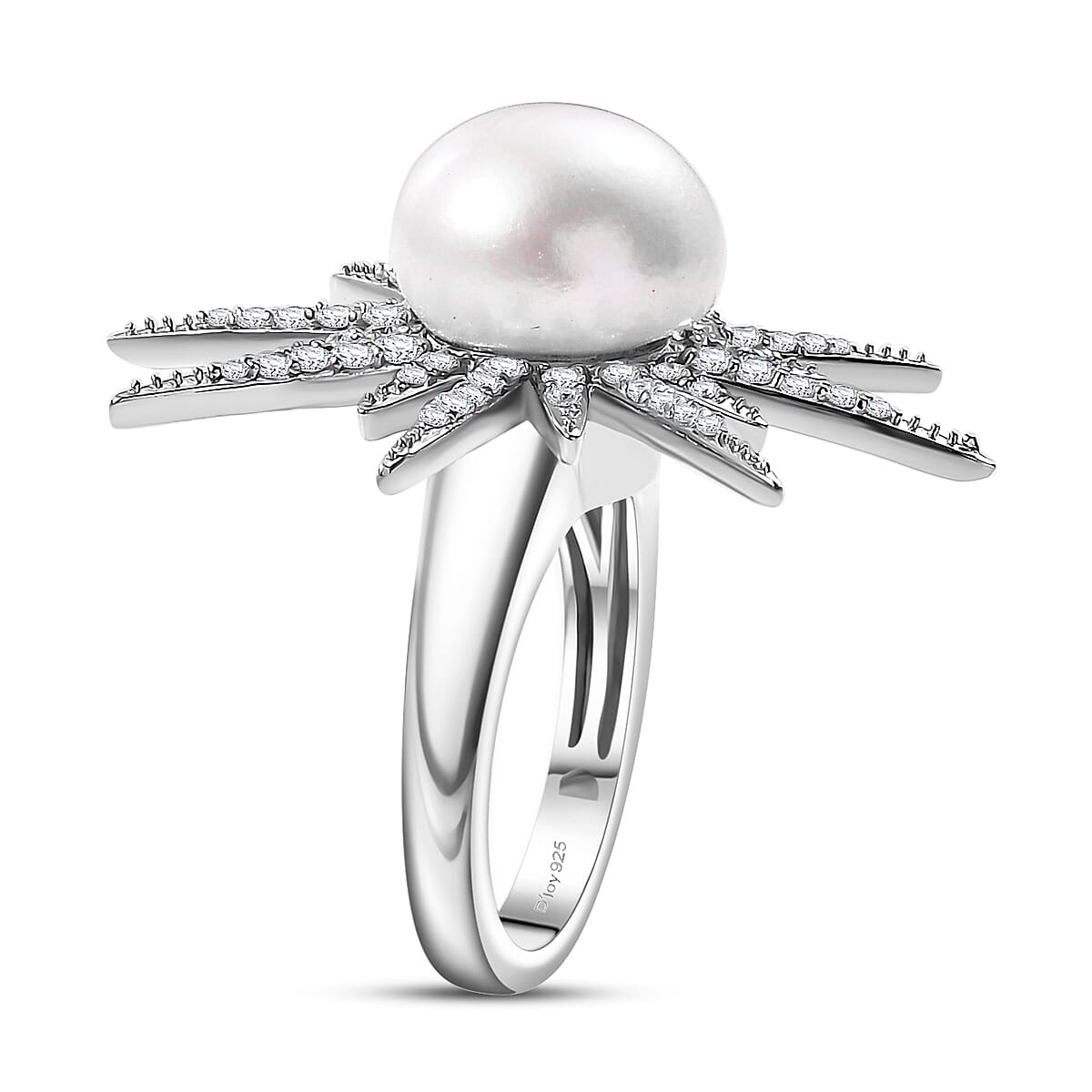 D'Joy Freshwater Pearl and Moissanite 0.75 ctw Ring in Platinum Over Sterling Silver (Size 6.0)