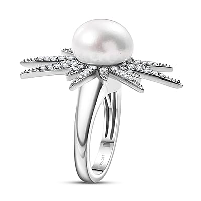 D'Joy Freshwater Pearl and Moissanite 0.75 ctw Ring in Platinum Over Sterling Silver (Size 6.0)