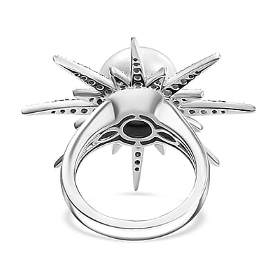 D'Joy Freshwater Pearl and Moissanite 0.75 ctw Ring in Platinum Over Sterling Silver (Size 6.0)