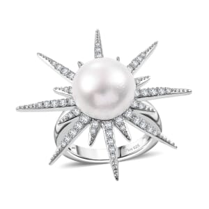 Freshwater Pearl and Moissanite 0.75 ctw Ring in Platinum Over Sterling Silver (Size 9.0)