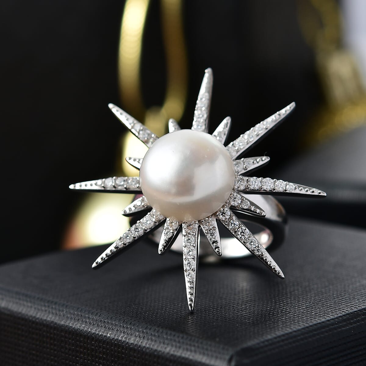 Freshwater Pearl and Moissanite 0.75 ctw Ring in Platinum Over Sterling Silver (Size 9.0) image number 1