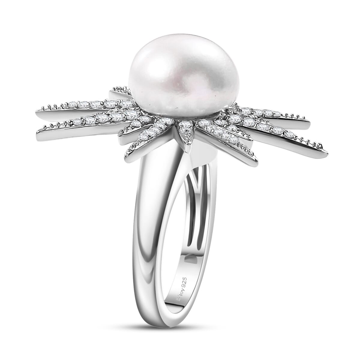 Freshwater Pearl and Moissanite 0.75 ctw Ring in Platinum Over Sterling Silver (Size 9.0) image number 3