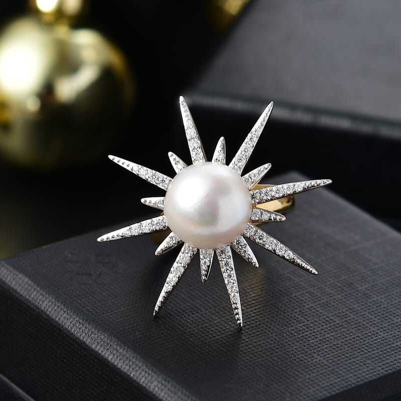 D'Joy Freshwater Pearl and Moissanite 0.75 ctw Ring in Vermeil Yellow Gold Over Sterling Silver (Size 6.0) 