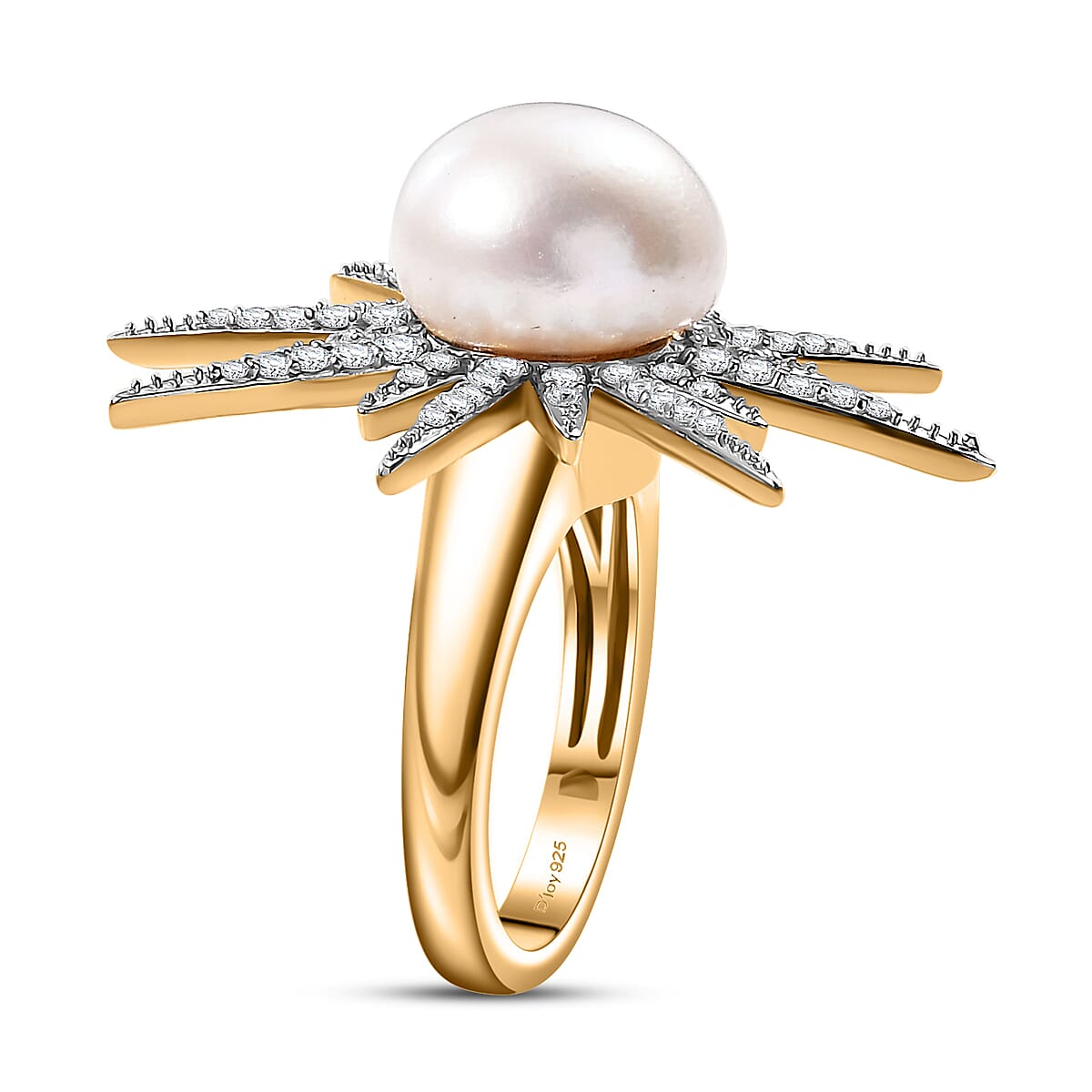D'Joy Freshwater Pearl and Moissanite 0.75 ctw Ring in Vermeil Yellow Gold Over Sterling Silver (Size 6.0) 