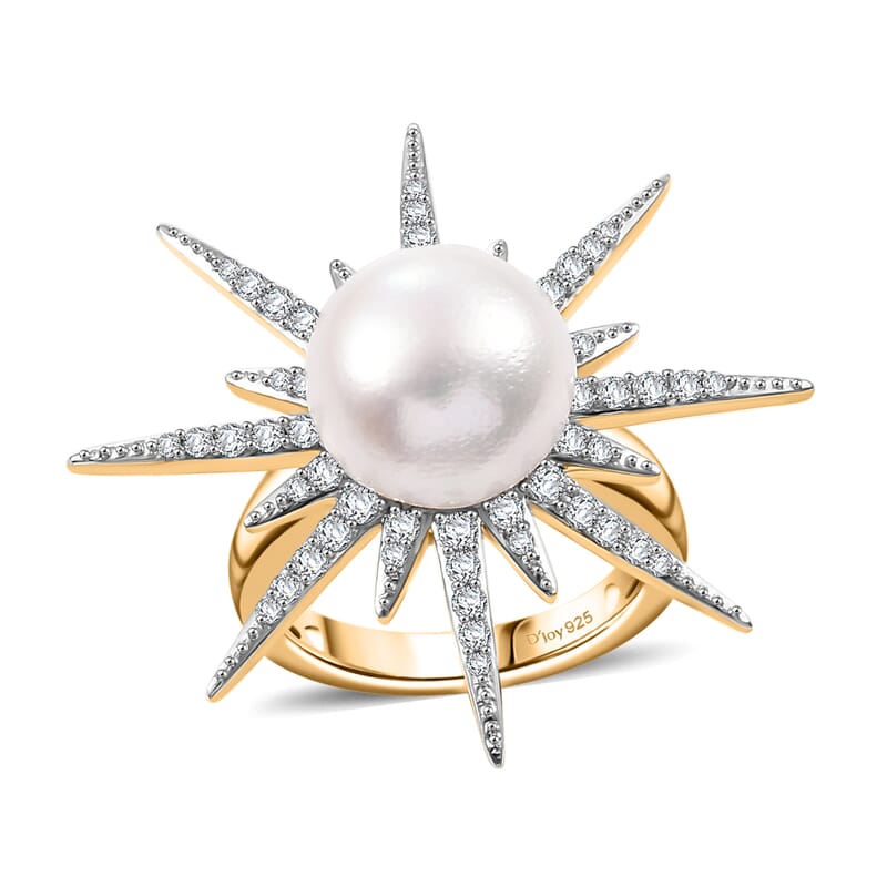 D'Joy Freshwater Pearl and Moissanite 0.75 ctw Ring in Vermeil Yellow Gold Over Sterling Silver (Size 7.0) 