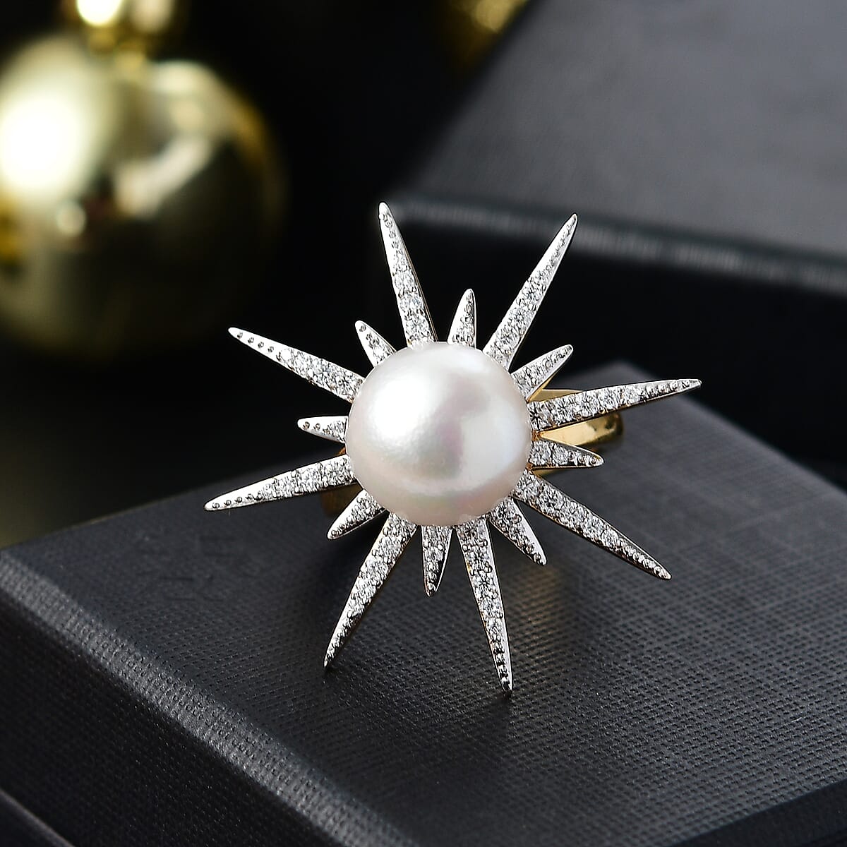 Freshwater Pearl and Moissanite 0.75 ctw Ring in Vermeil Yellow Gold Over Sterling Silver (Size 7.0)  image number 1