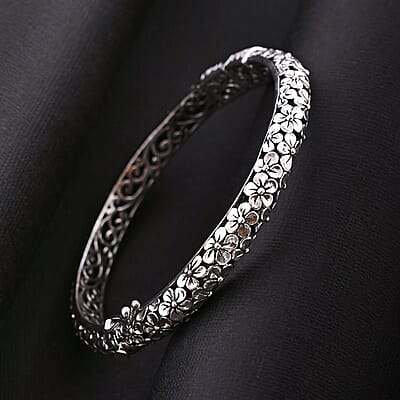 Bali Legacy Frangipani Flower Bangle Bracelet in Sterling Silver (6.50 In) 26.15 Grams