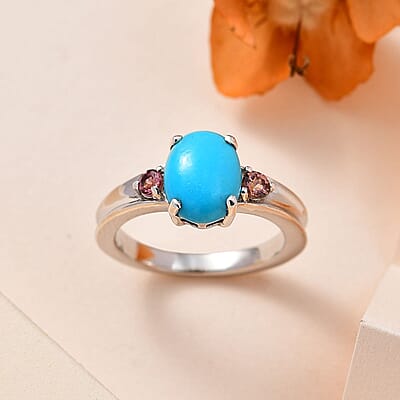 Sleeping Beauty Turquoise and Blush Tourmaline Ring in Platinum Over Sterling Silver (Size 10.0) 1.65 ctw