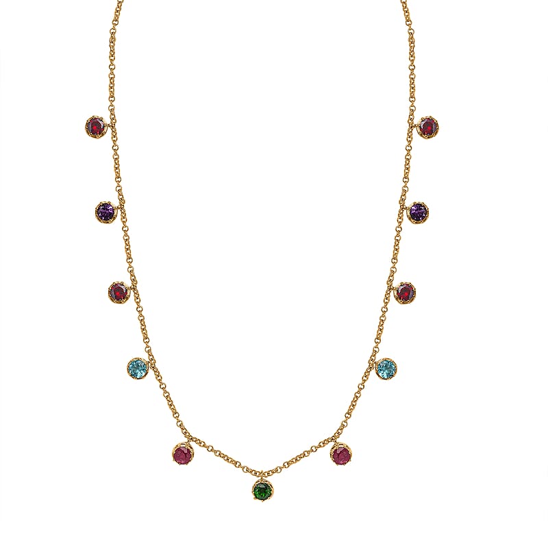Multi Gemstone Station Necklace 18-20 Inches in Vermeil Yellow Gold Over Sterling Silver 6.50 ctw