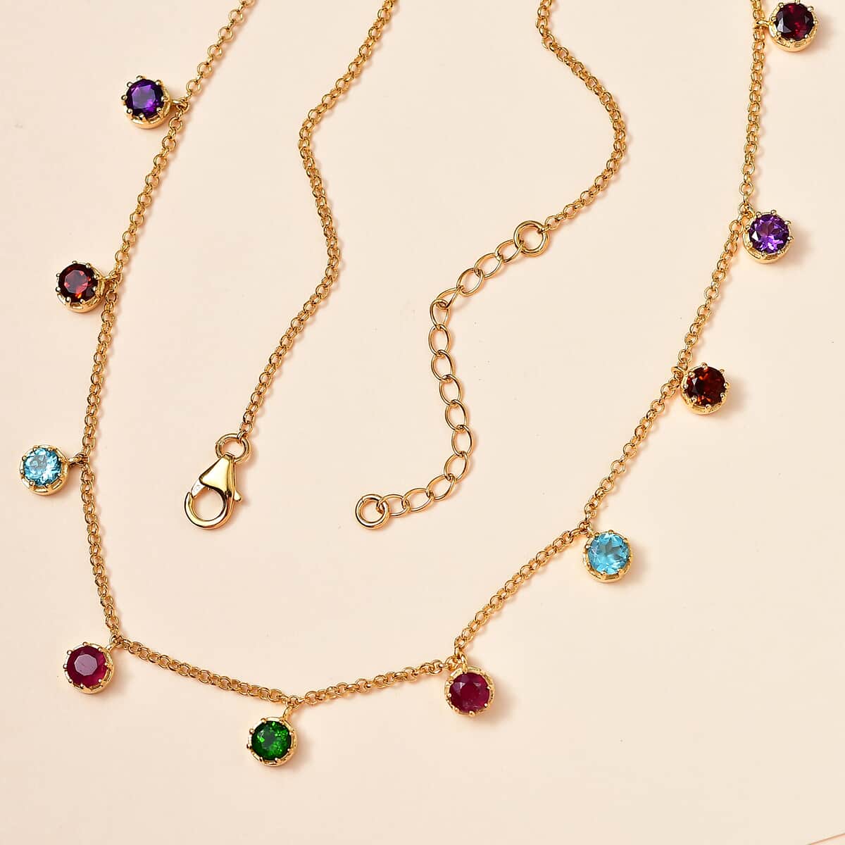 Multi Gemstone Station Necklace 18-20 Inches in Vermeil Yellow Gold Over Sterling Silver 6.50 ctw image number 1