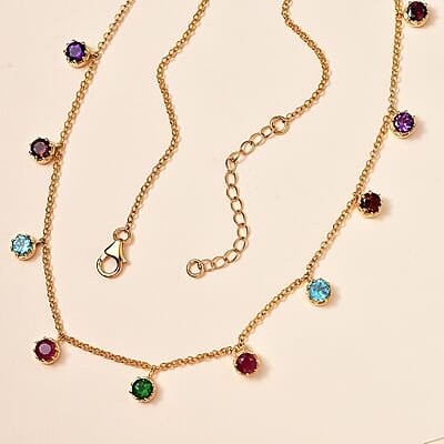 Multi Gemstone Station Necklace 18-20 Inches in Vermeil Yellow Gold Over Sterling Silver 6.50 ctw