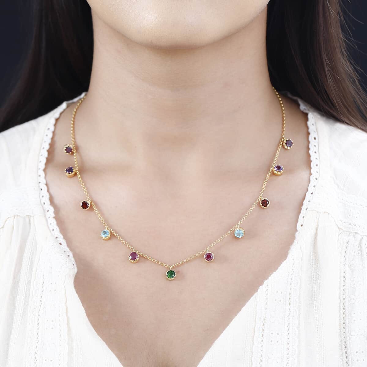 Multi Gemstone Station Necklace 18-20 Inches in Vermeil Yellow Gold Over Sterling Silver 6.50 ctw image number 2