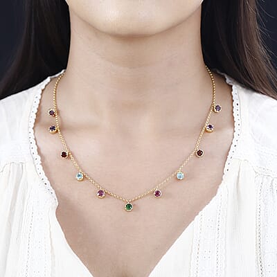 Multi Gemstone Station Necklace 18-20 Inches in Vermeil Yellow Gold Over Sterling Silver 6.50 ctw