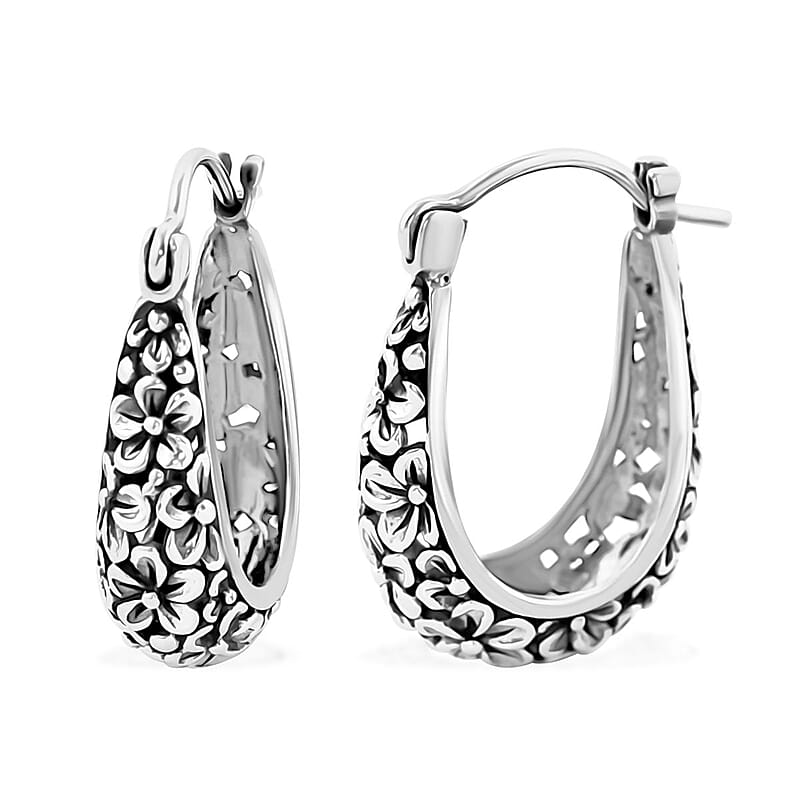 Bali Legacy Frangipani Flower Hoop Earrings in Sterling Silver 6 Grams