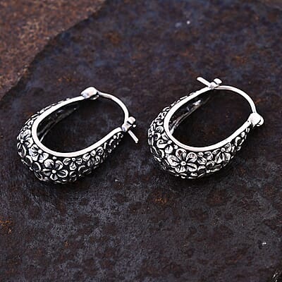 Bali Legacy Frangipani Flower Hoop Earrings in Sterling Silver 6 Grams