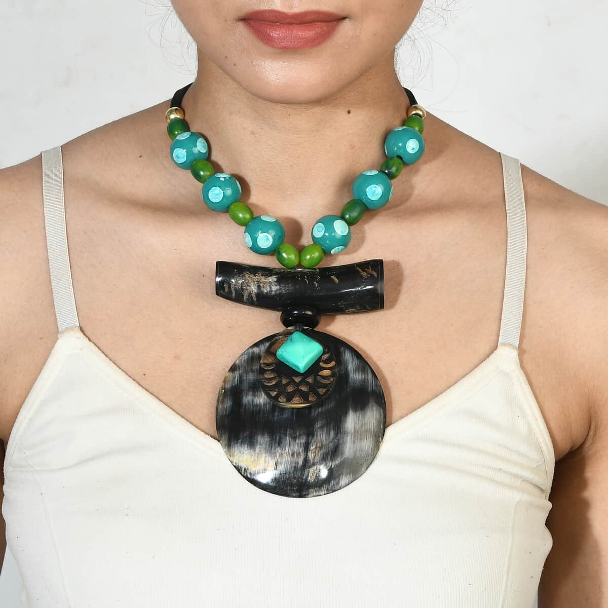 Buffalo Horn Necklace with Wooden Beads (Adjustable) image number 1