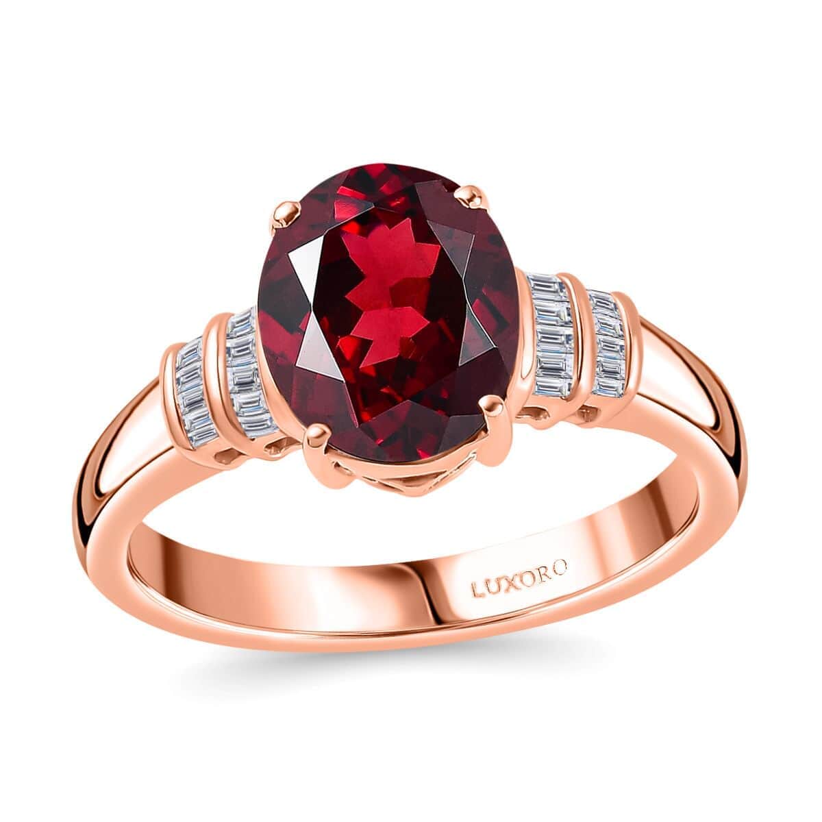 Luxoro 10K Rose Gold Premium Orissa Rhodolite Garnet and G-H I2 Diamond Ring (Size 6.0) 3.10 ctw image number 0