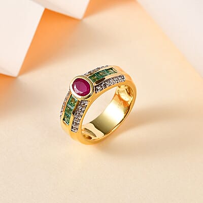 Montepuez Ruby and Multi Gemstone Ring in Vermeil Yellow Gold Over Sterling Silver (Size 6.0) 1.40 ctw